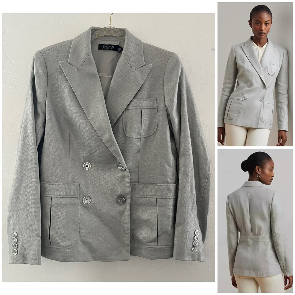 Lauren Ralph Lauren Foiled Linen-Cotton Blazer Women's Size 6P Preppy Luxury NEW